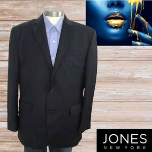 Jones New York JNY Blazer Jacket Mens 42R‎ Solid Black Striped Wool Two Button